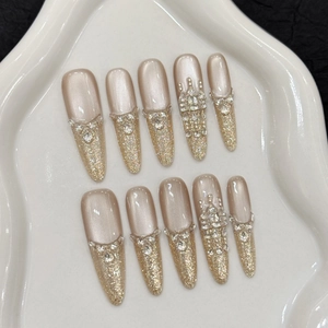 Luxury crown nude champagne press-on nails with glitter gradient and crystals