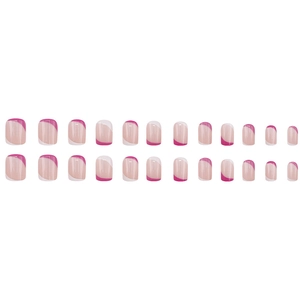Short French style press-on toe nails featuring pink base with white and rose red stripes