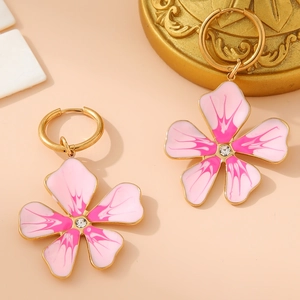 18K gold plated stainless steel pink enamel flower hoop earrings with zircon center