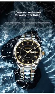Detail of two-tone steel watch submerged in water showing 30m waterproof performance