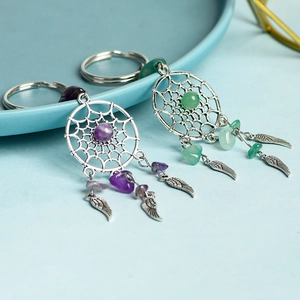 Natural crystal dreamcatcher keychain with amethyst and aventurine stone feather charms
