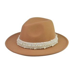 Elegante Sombrero Fedora de Lana para Mujer Sombrero de Fieltro Vintage de Copa Plana Con Banda de Perlas de Imitación
