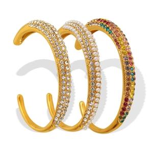 Elegant gold-plated open bangles set with white zircon, pearls and colored stones