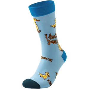 Detail of sky blue crew sock with yellow duck pattern and funny quote embroidery