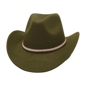 Olive green wool felt western cowboy hat with elegant pearl and rhinestone decorative band