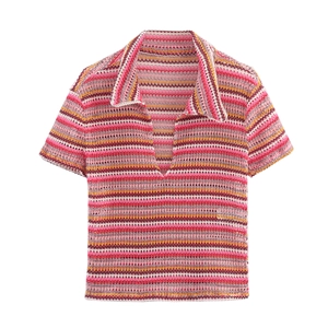 Women's colorful striped crochet knit Polo top and shorts set on a clean white background