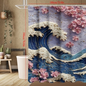 Detail of waterproof bath curtain showing 3D Japanese wave and pink cherry blossoms