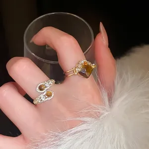 Vintage Tiger Eye Stone Snake Open Ring Gold Plated Copper Zircon Adjustable Light Luxury Fashion Finger Jewelry For Women