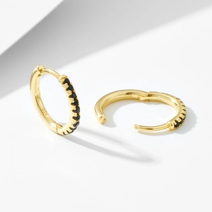 Elegant 925 sterling silver gold-plated hoop earrings with micro-set black cubic zirconia