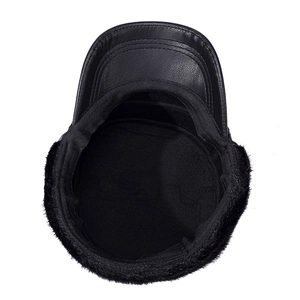 Winter men's black leather flat top hat with warm faux fur lining and ear protection