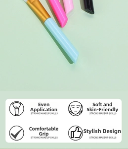 Detail of colorful silicone mask brush handles with premium polished gold metal ferrules