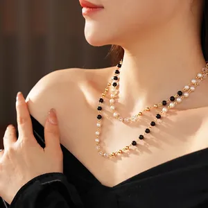 Collier Multirang Avec Künstliche Perles En Acrylique Künstliche Perles De Verre Noires Et Accents En Cristal Style Rétro Français Bijoux En Alliage