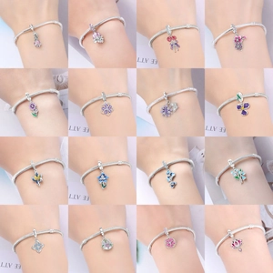 Floral S925 silver charm bracelets with enamel flowers in sixteen different styles