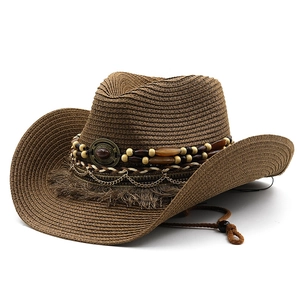 Deep brown straw cowboy hat with ethnic bead decor and wide brim for sun protection