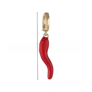 Detailed view of an 18k gold plated earring with a red chili pepper enamel pendant