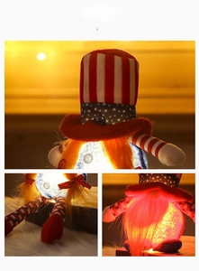 Detailed view of LED glowing body and striped knitted legs of Independence Day gnome