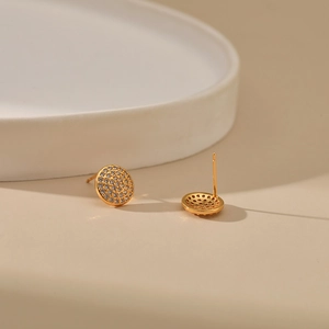 Fashionable 18K gold plated round stud earrings with shimmering cubic zirconia pave