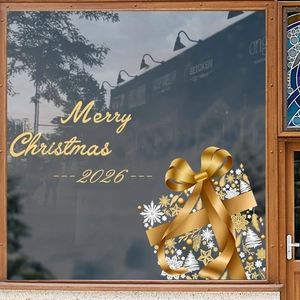 Golden Merry Christmas 2026 static window decals with snowflakes for glass door decor