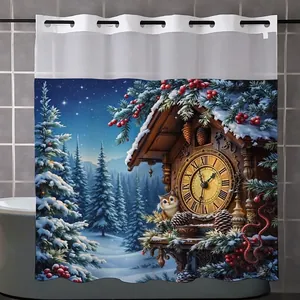 Zweilagiger Duschvorhang mit Winterschneeszene Illustration und silbernen Metallringen
