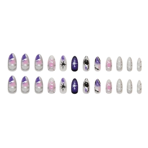Star pattern almond press-on nails with purple gradient and silver chrome finish