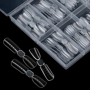 Detailed view of dual system nail extension molds with scale lines in a storage box