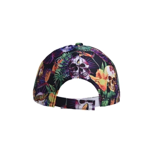 Detailed back view of a printed baseball cap with adjustable strap and floral pattern