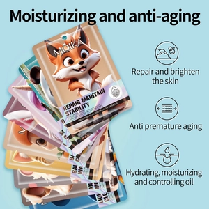 Cartoon animal facial masks set featuring fox, panda, and unicorn for skin repairing