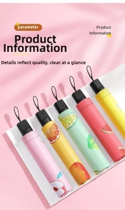 Detailed view of portable folding fruit pattern umbrellas with black handles and wrist straps
