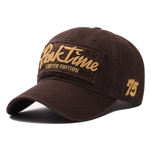Distressed dark brown cotton baseball cap with PeakTime gold embroidery and vintage style