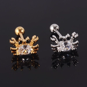 Detail of crab-shaped stud earrings with zircon inlay and screw-back closure
