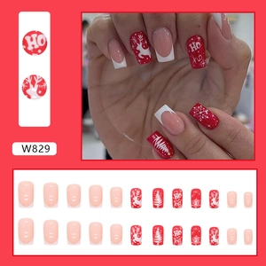 Christmas press-on nails set W829 with red and white snowflake reindeer patterns