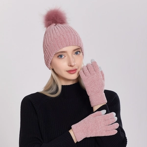Rosa Chenille-Strickmütze mit Pelzbommel und Touchscreen-Handschuhe Set für Damen