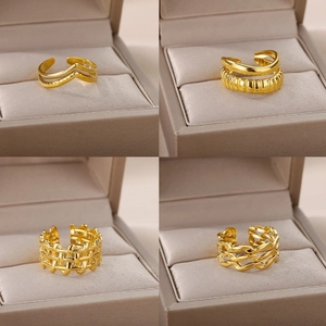 Adjustable Open Rings 18K Gold Plated Stainless Steel Double Layer Woven Braided Geometric Hollow Punk Fashion Jewelry