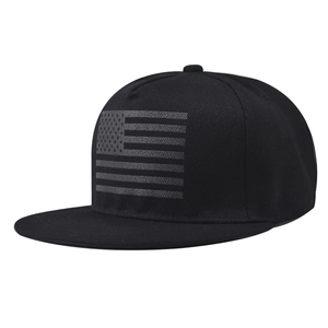 Flat brim hip hop baseball cap in black with grey USA flag embroidery for street style
