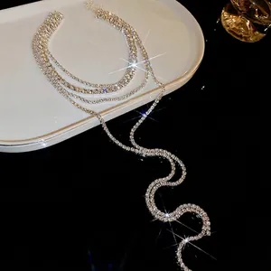 Sparkling multi-layer silver rhinestone tassel necklace with elegant fringe design