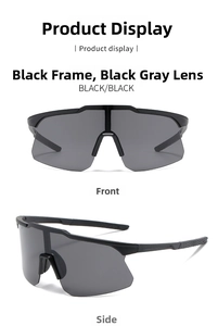 Front and side view of matte black sports cycling sunglasses with dark grey lenses