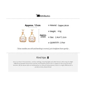 Detailed view of silver needle square zircon earrings showing size 2.4cm by 1.1cm