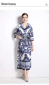 Detail of blue porcelain print dress with drawstring waist and elegant collar