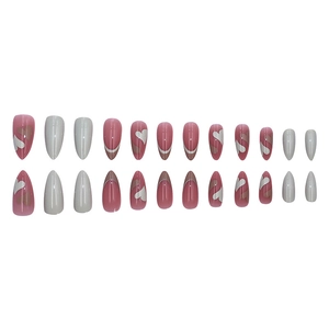 Pink and white almond shaped press-on nails set with heart patterns and glossy finish
