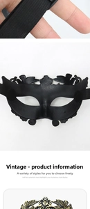 Detail showing the adjustable elastic strap on the back of the vintage black half face mask