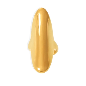 Irregular long open ring in gold finish with a polished sleek streamline design