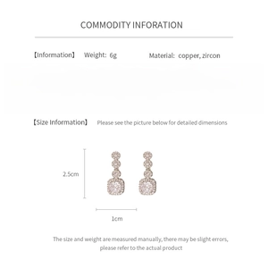Detail showing dimensions of silver needle square zircon earrings with material specs