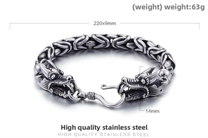 Detailed view of dragon head bracelet showing dimensions 220mm length and 9mm width