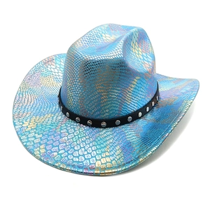 Detailed macro view of iridescent snakeskin pattern and studded leather band on cowboy hat