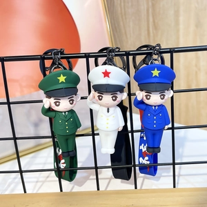 Army soldier PVC keychains in green white and blue uniforms with printed lanyards
