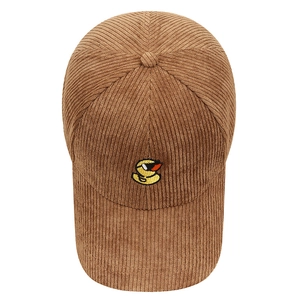 Caramel corduroy baseball cap with cute duck embroidery seen from a top-down view