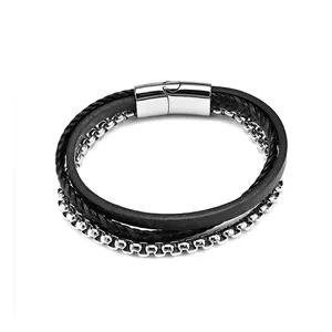 Men's titanium steel and leather multi-layer bracelet with polished magnetic clasp