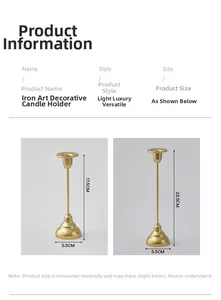 Size chart for iron decorative candlesticks in gold finish with height dimensions