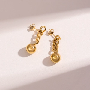 Minimalist 18K gold stainless steel chain earrings with solid spherical drop pendant