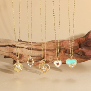 Heart Pendant Necklace Copper Zircon Enamel ABS Artificial Pearl Elegant Clavicle Chain Trendy Jewelry Gift For Women